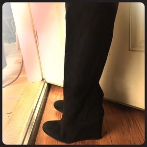 Stuart Weitzman black suede leather wedge heel